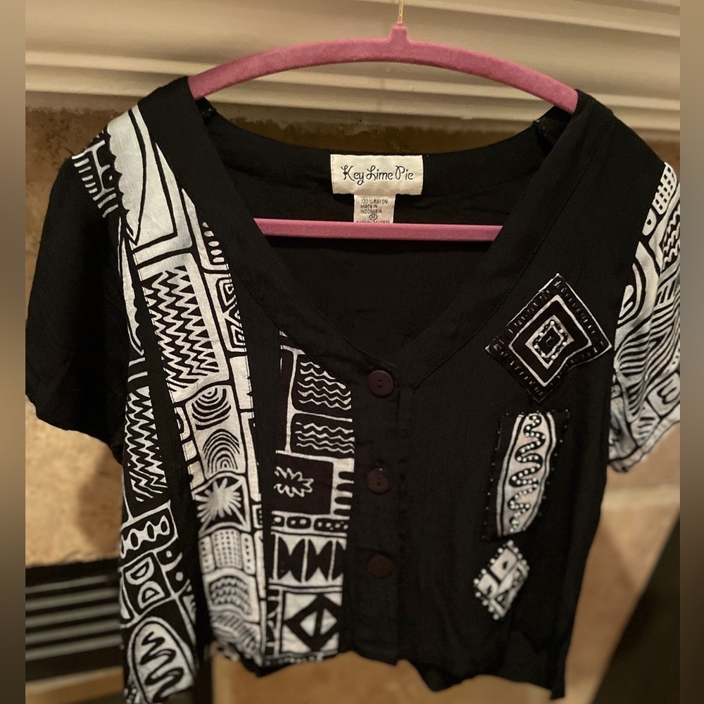 Key Lime Pie Women’s Crop button down boxy artsy beaded top boho ethnic M